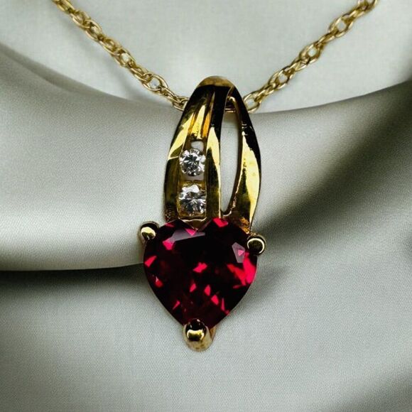 10k Gold- Ruby Diamond Necklace -18"- Heart Pendant -Romantic Ruby Necklace-1.1g